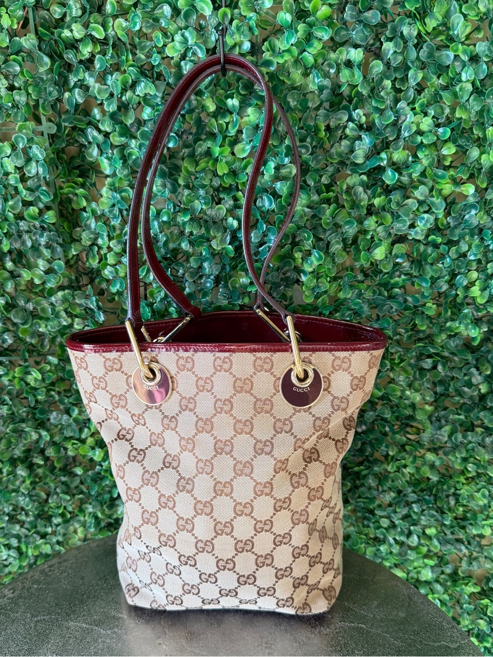 Gucci GG Canvas Eclipse Tote with Burgundy Trim and Gold Hardware